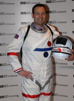 Robert Madsen in his spacesuit, campaigning for votes to be sent to the Axe Apollo Space Academy Space Camp.