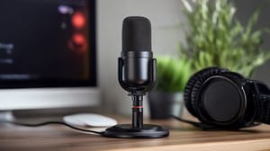 A microphone and headset sitting on a desk A microphone and headset sitting on a desk