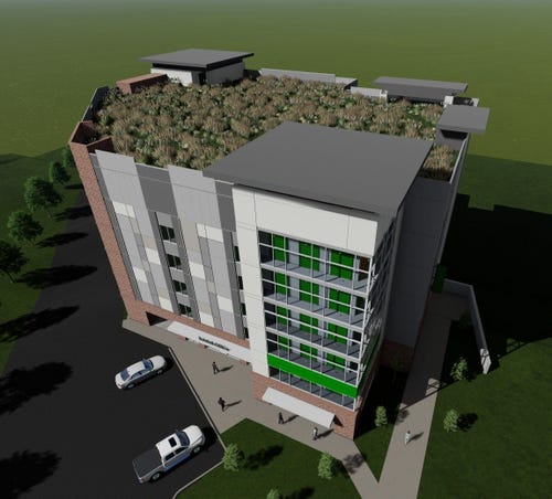 A rendering of a storage facility with a green roof
