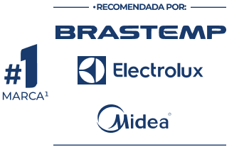 Promotional graphic with "#1 MARCA" and logos for Brastemp, Electrolux, and Midea.