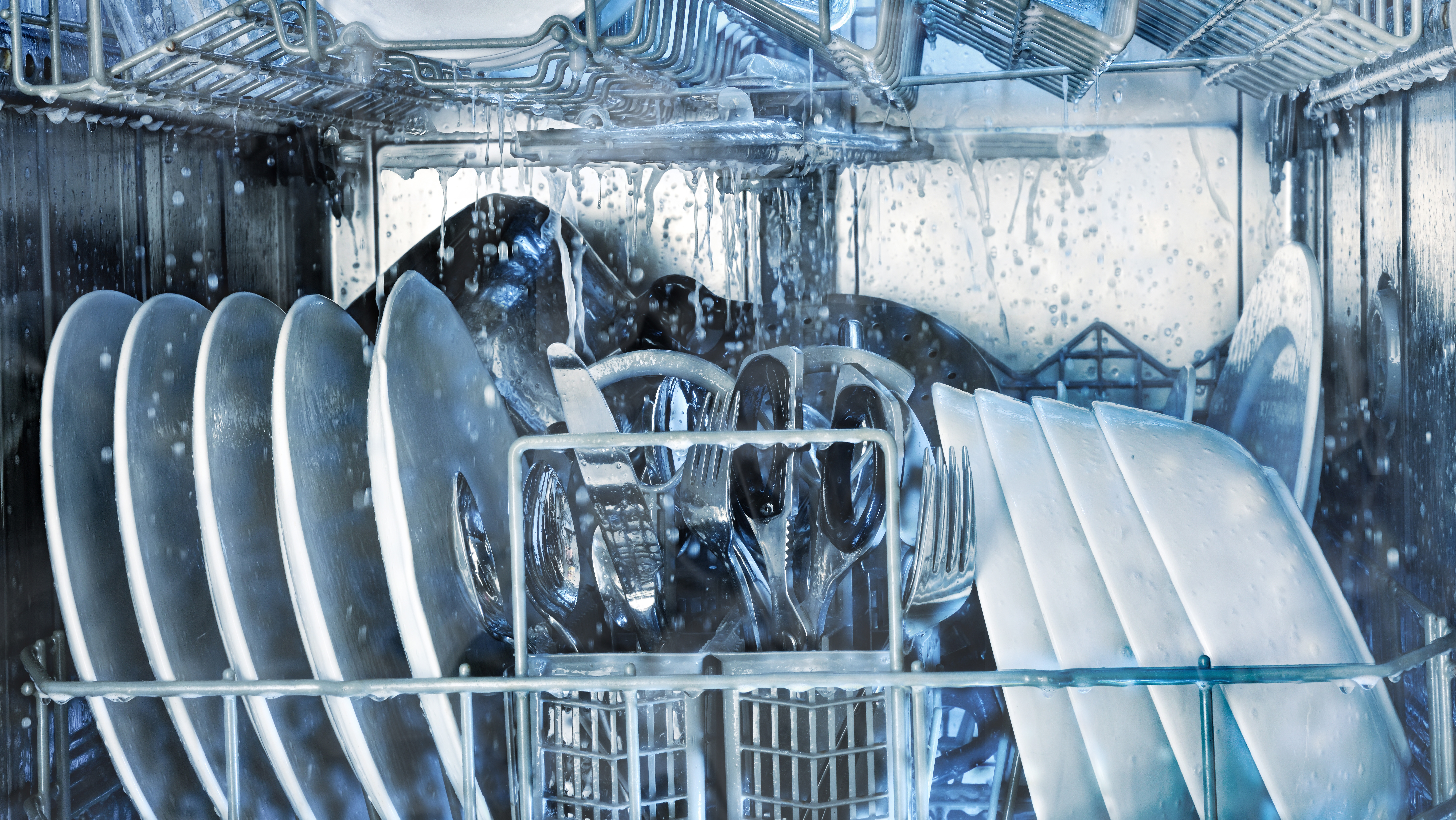 Dishwasher running with Finish Rinse Aid released to remove hard water stains from dishes and glassware.