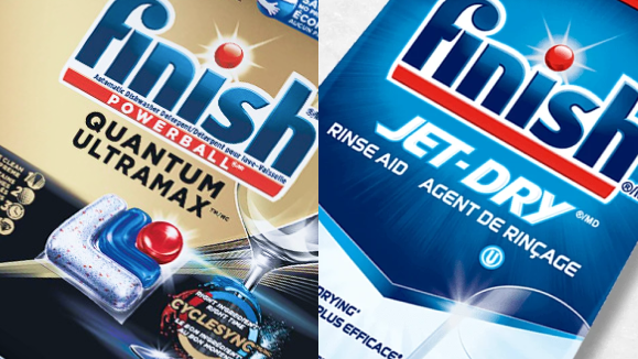 Finish Powerball Quantum Ultramax and Finish Jet Dry Rinse Aid boxes.