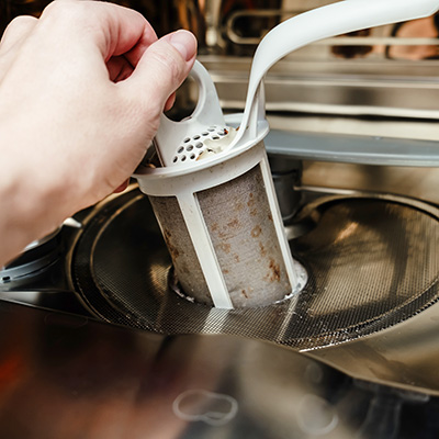 A woman’s hand removes the filter of a dishwasher.