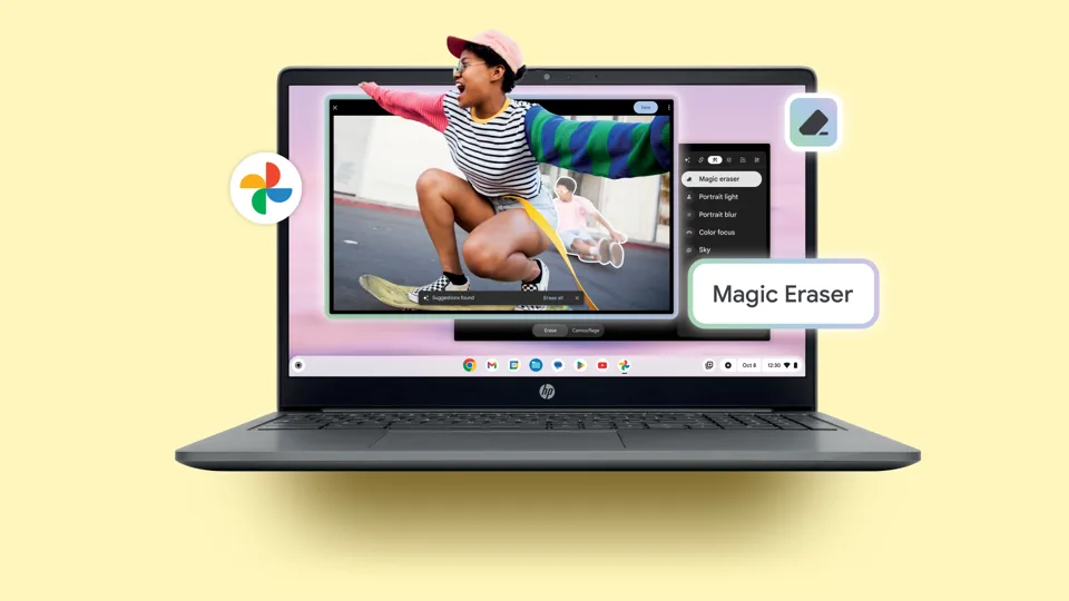 Chromebook Plus Magic Eraser voorbeeld Chromebook plus met Magic Eraser voor fotobewerking functionaliteit van Gemini Advanced voorbeeld