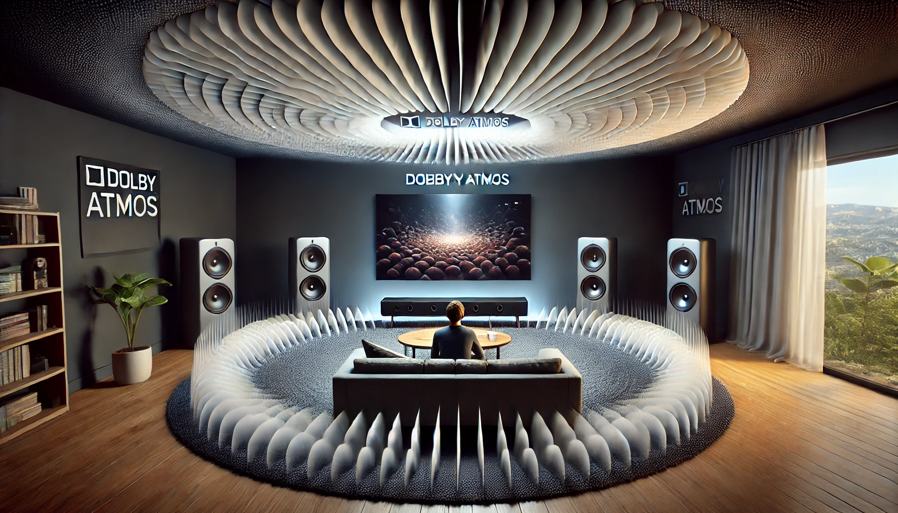 DALL·E 2024-12-04 12.04.32 - An image visualizing True Dolby Atmos in a living room setup. The viewer is sitting on a couch in front of a TV and soundbar, surrounded by realistic,.webp