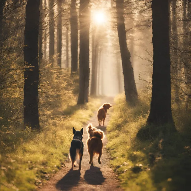 drie honden die buiten op een bodpad lopen en de zon schijnt tussen de bomen.png drie honden die buiten op een bodpad lopen en de zon schijnt tussen de bomen.png