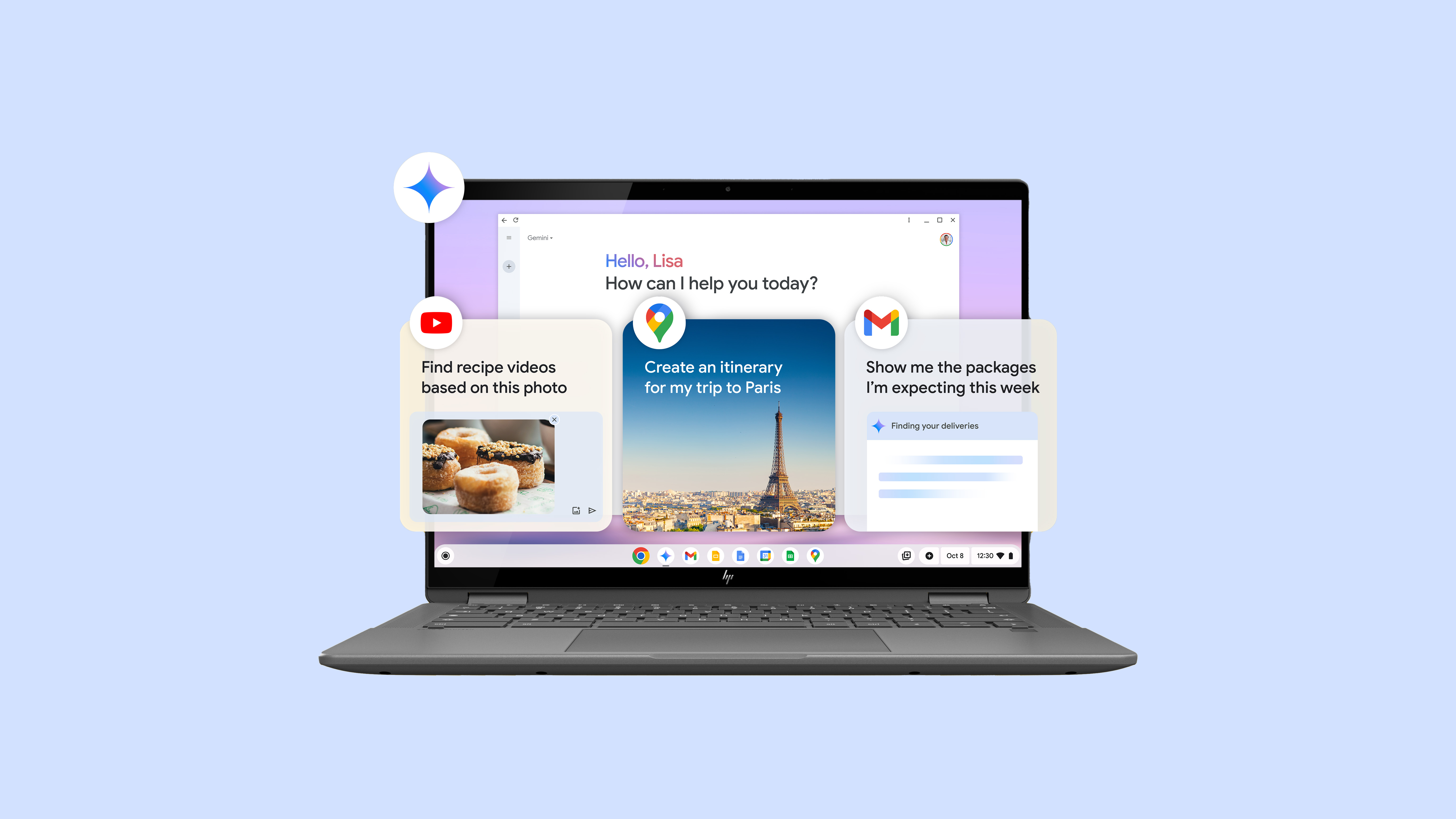 Een Chromebook Plus waarbij Gemini advanced functies op het scherm staan