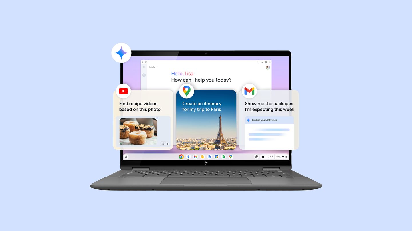 Een Chromebook Plus waarbij Gemini advanced functies op het scherm staan