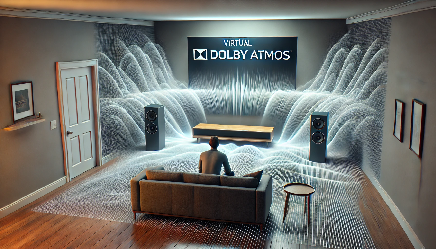 DALL·E 2024-12-04 12.04.41 - An image visualizing Virtual Dolby Atmos in a living room setup. The viewer is sitting on a couch in front of a TV and soundbar, with sound waves spre.webp