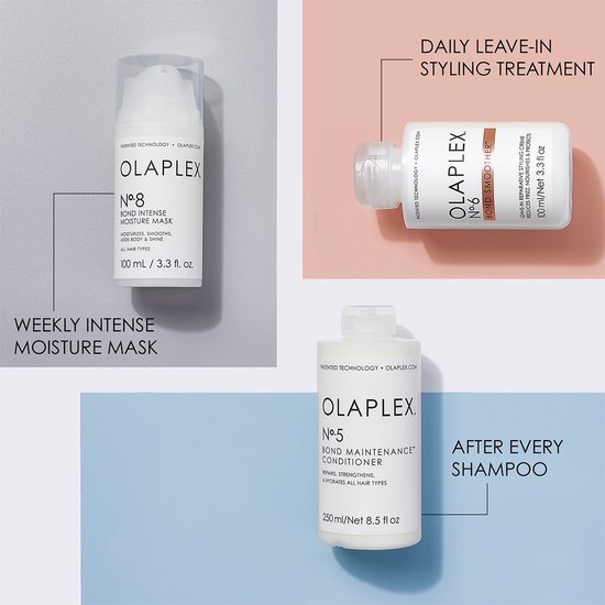 Afbeelding met olaplex nummer 5, 6 en 8 naast elkaar