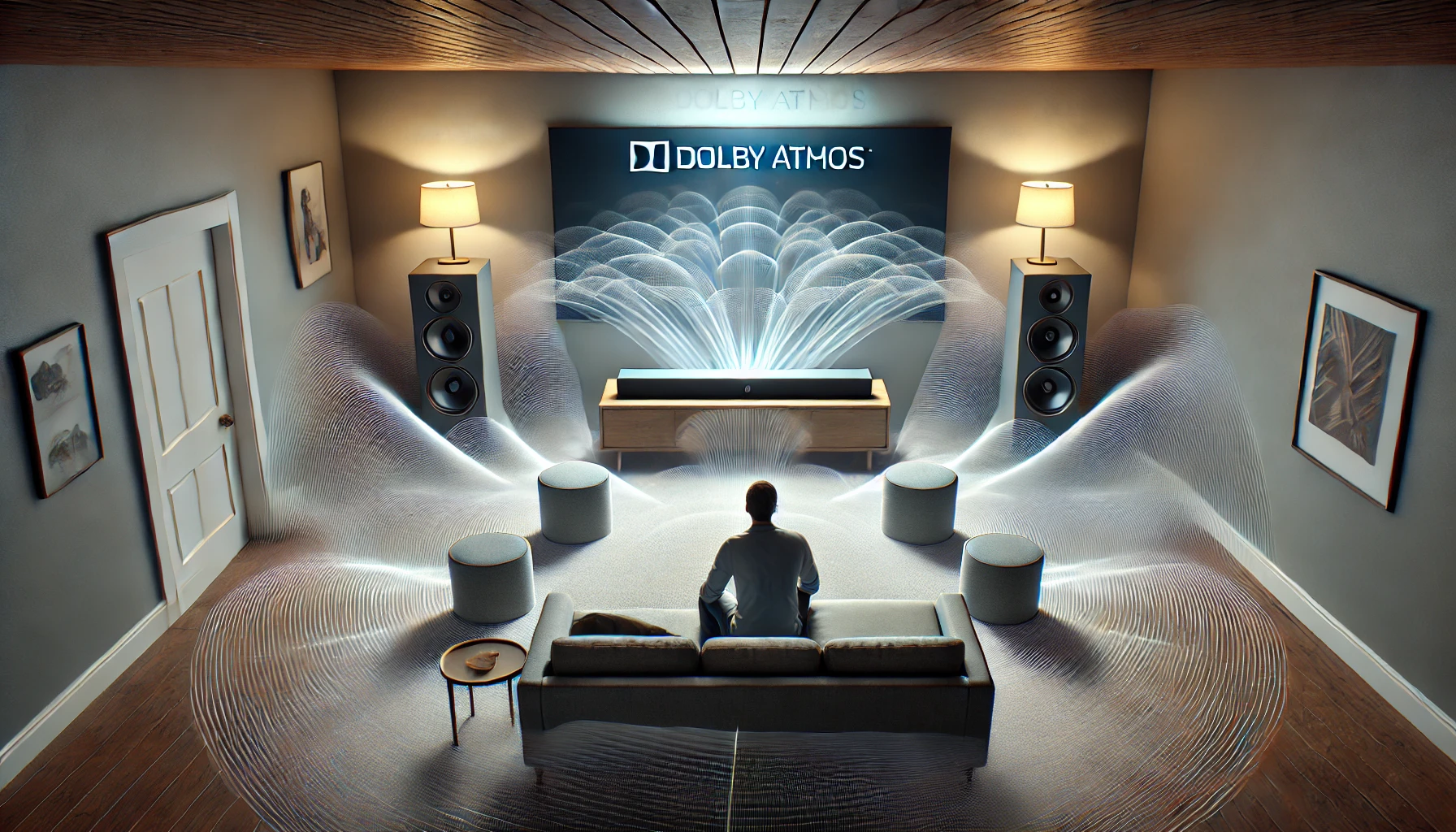 DALL·E 2024-12-05 07.45.34 - A general representation of Dolby Atmos in a living room setup. Show a viewer sitting on a couch in front of a TV with only a soundbar as the audio so.webp