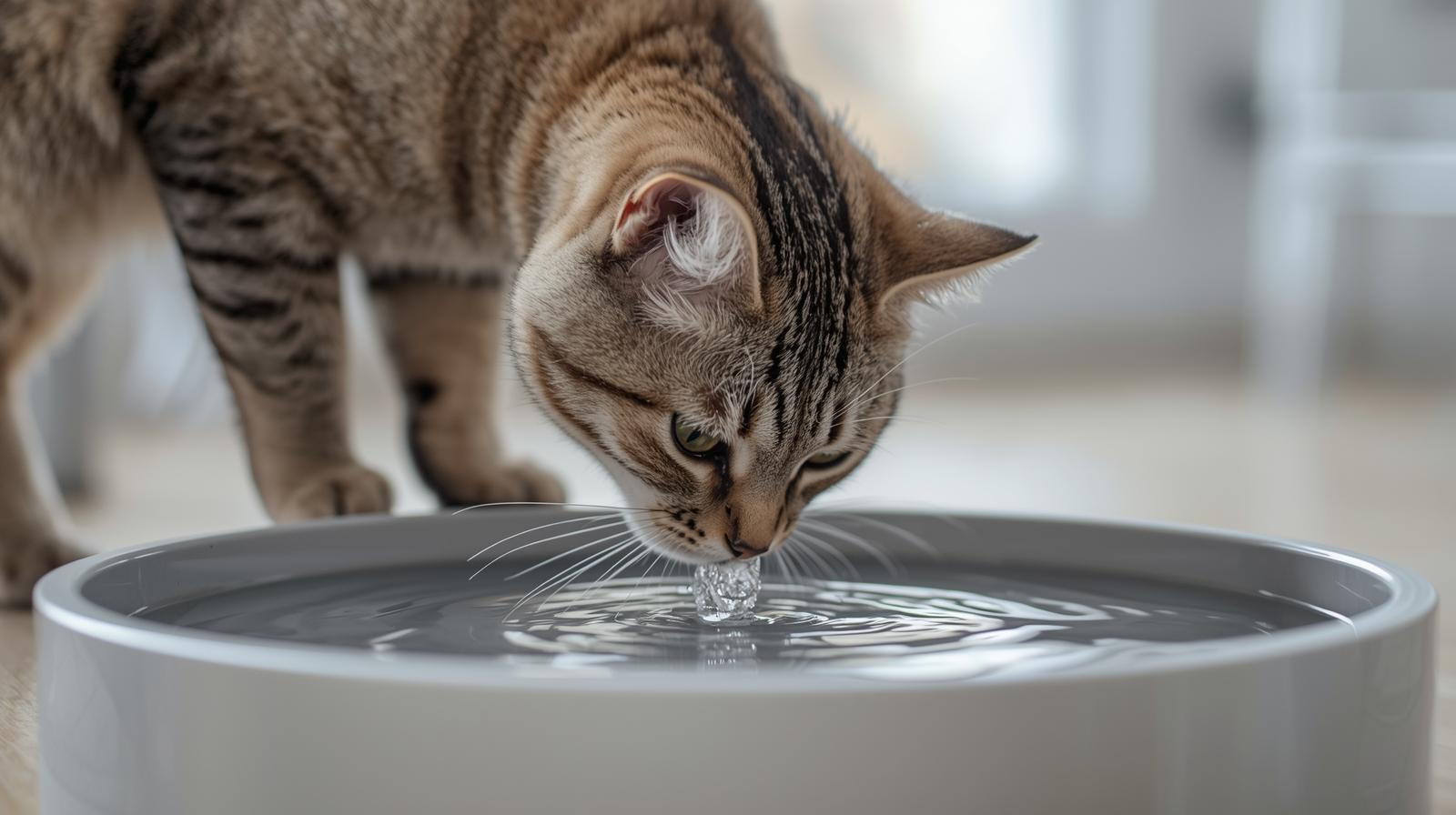 cat drinking from open cat water fountain with water spout in middle, indoor.jpg