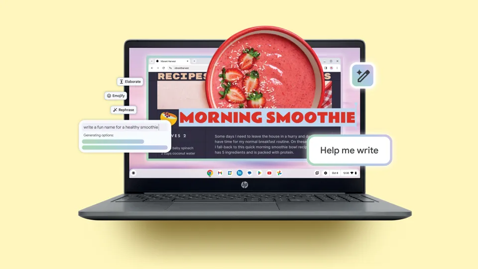 Chromebook Plus Help me write voorbeeld Chromebook Plus met Help mij schrijven functionaliteit van Gemini Advanced voorbeeld