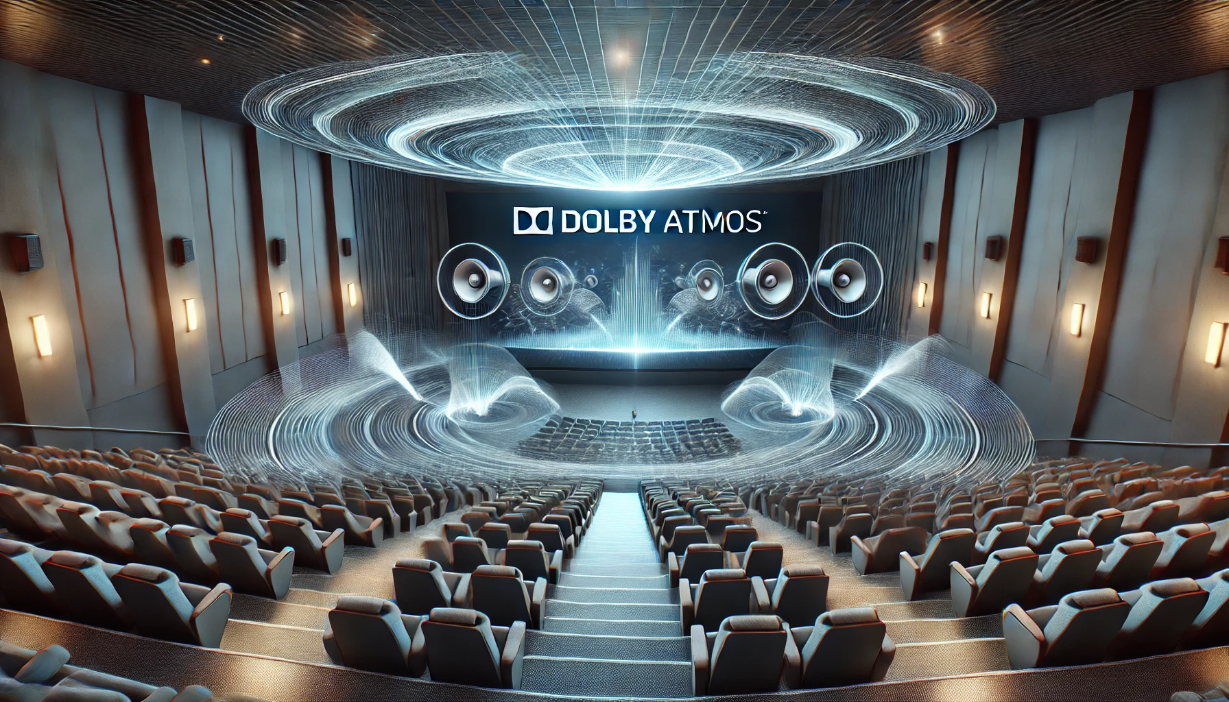 DALL·E 2024-12-05 07.47.48 - A representation of Dolby Atmos in a modern cinema. Show a large cinema auditorium with rows of comfortable seats and an immersive sound setup. Depict.webp