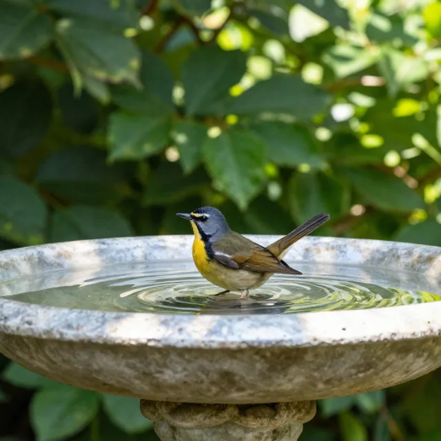Een vogel in een vogelbadje met water in de buurt van een plant, waarbij de zon schijnt.png Een vogel in een vogelbadje met water in de buurt van een plant, waarbij de zon schijnt.png