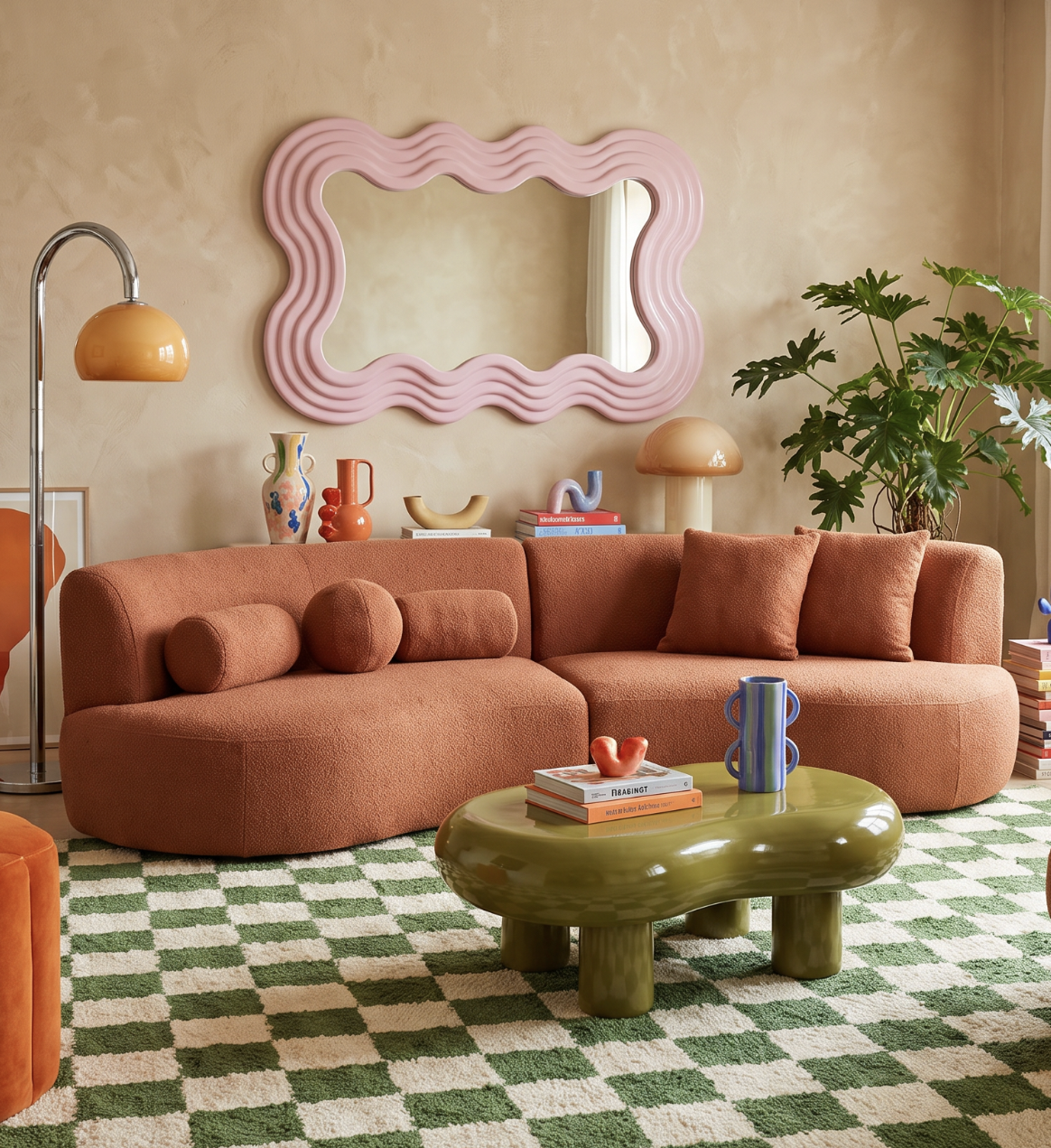 Woonkamer in Dopamine Decor trend, oranje bank en roze spiegel