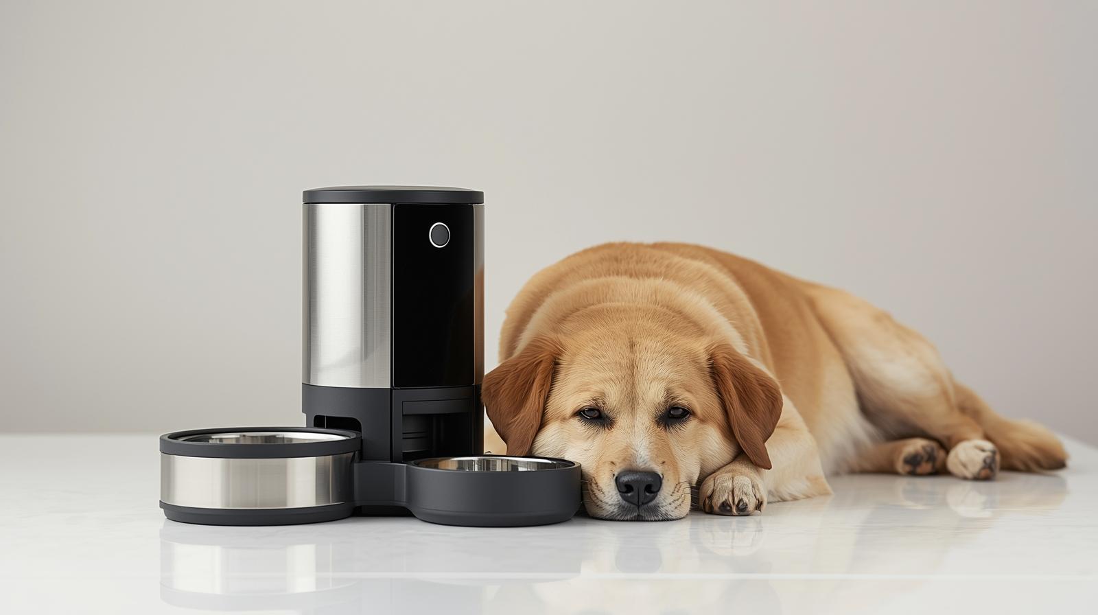 cat water fountain, automatic feeder and dog laying next to them.jpg