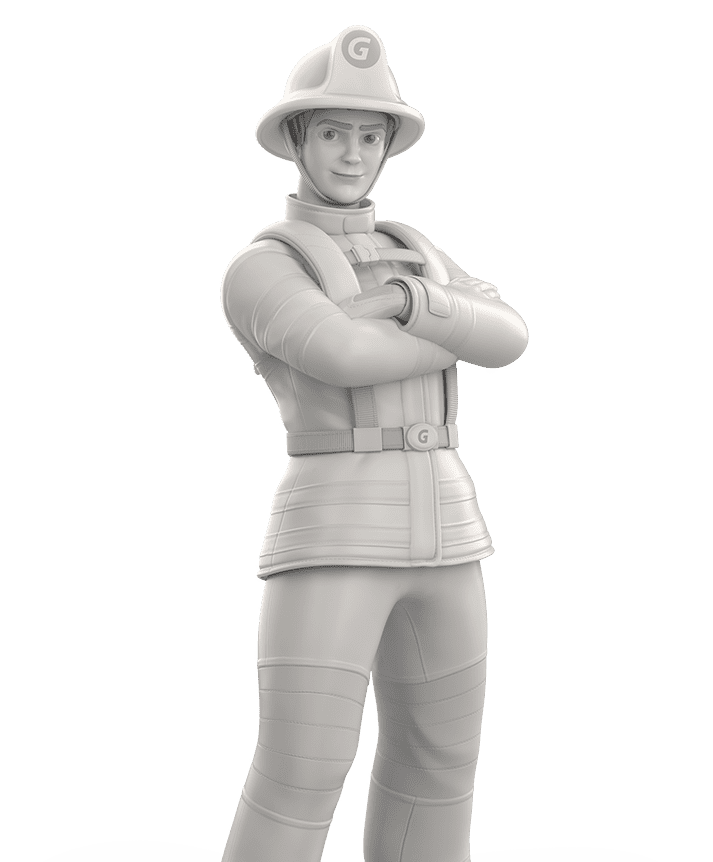 3D-rendered firefighter standing with arms crossed wearing a helmet and protective