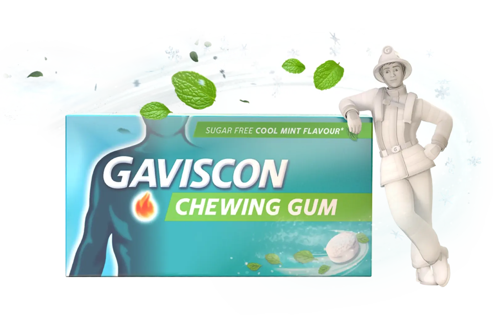 Gaviscon Chewing Gum cool mint pack with mint leaves, ice swirls and Gaviscon mascot