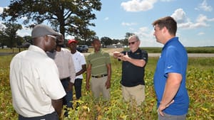 Trade mission members in soybean field. Trade mission members in soybean field.
