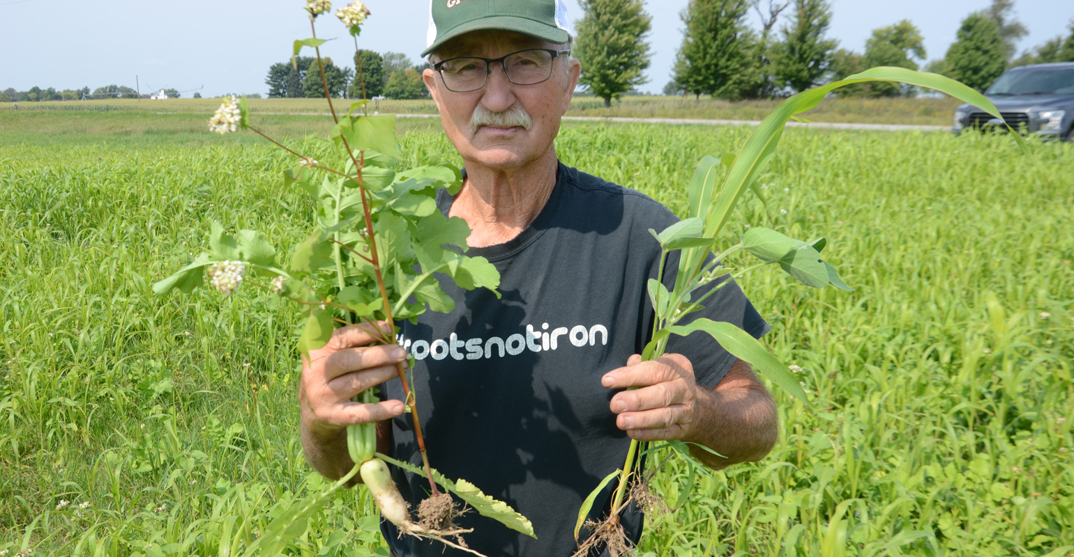 Keith Miller holds various cover crop plants