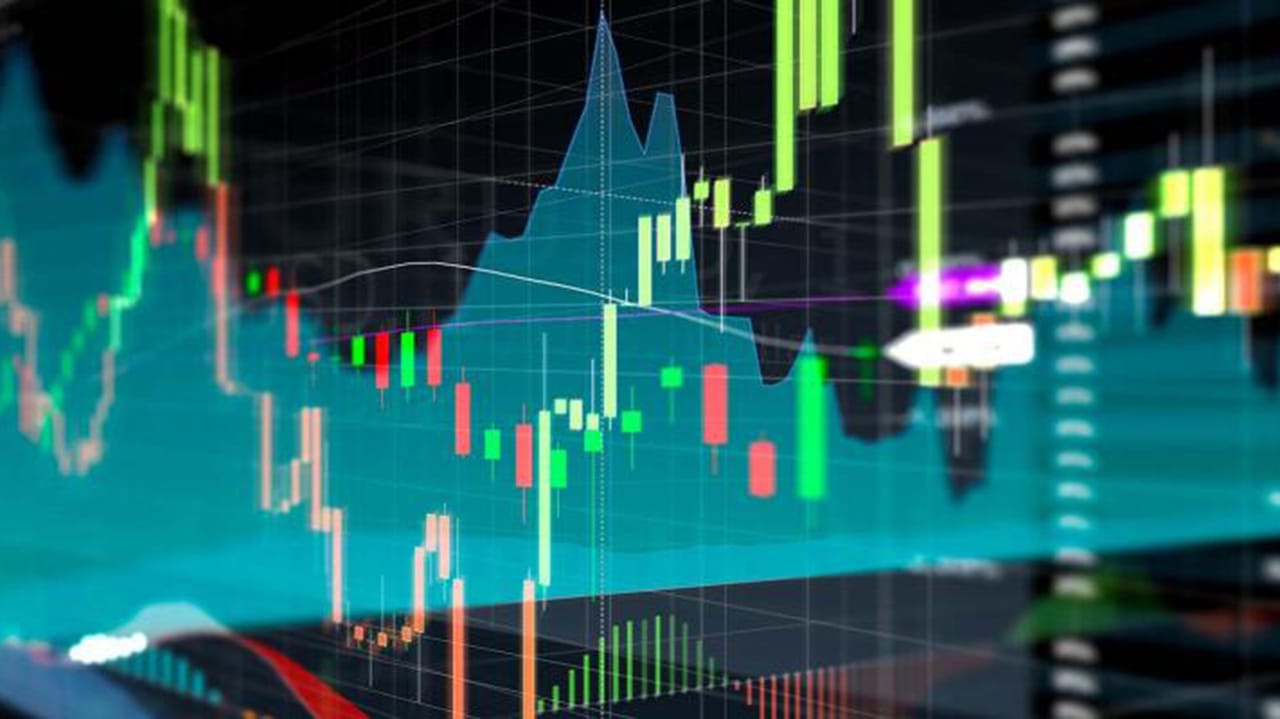 LED screen with market charts. LED screen with market charts.